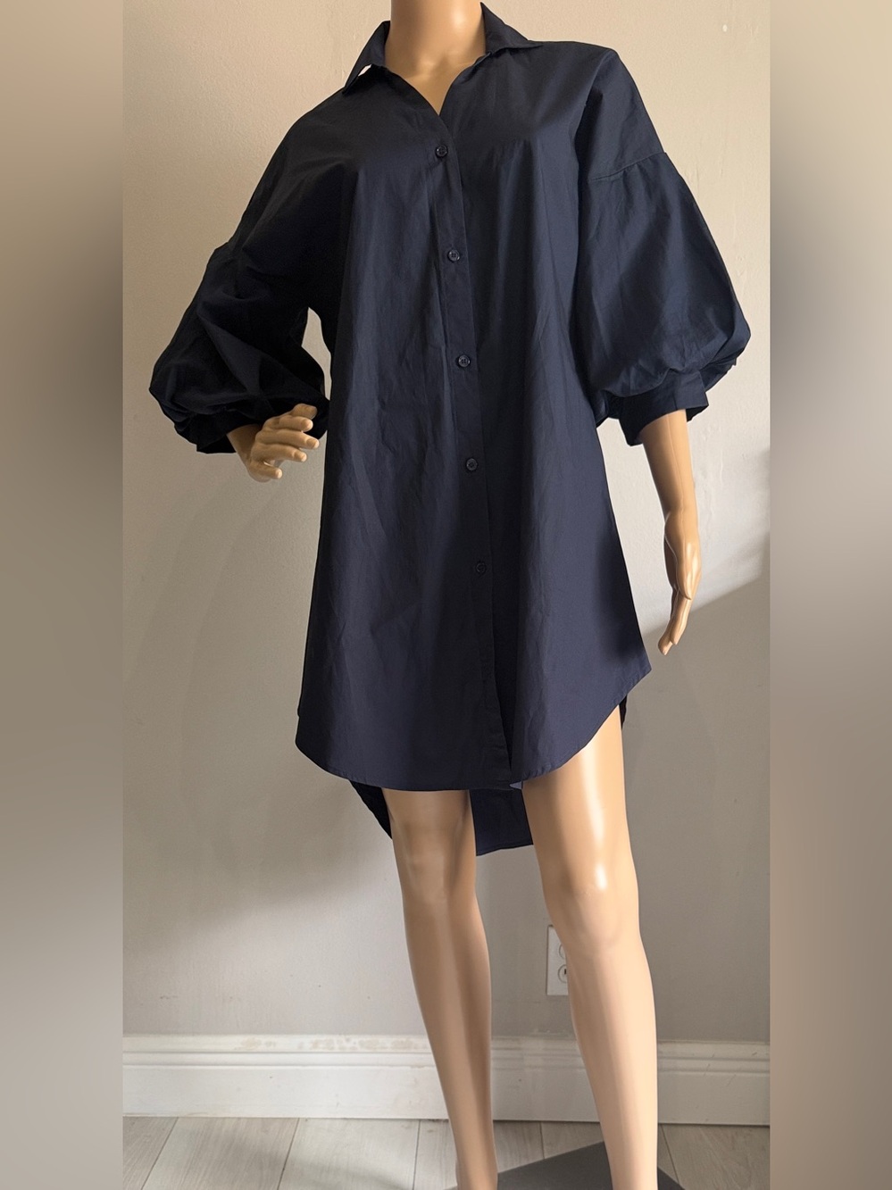LES CANEBIERS Clocher Navy Balloon Sleeve Luxury Cotton Shirt Dress 34